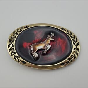 Vintage Deer Elk Brass Belt Buckle Lacquer Colored Hunting Nature Black Red 3"
